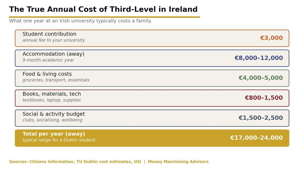 Breakdown of the true annual cost of college in Ireland including fees accommodation and living costs The real cost of one year at an Irish university — fees are only the start.