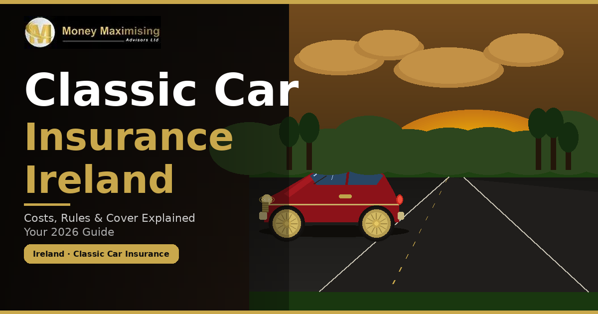Illustration of a red classic car driving on a road with the title "Classic Car Insurance Ireland – Costs, Rules & Cover Explained, Your 2026 Guide" and the Money Maximising Advisors logo.