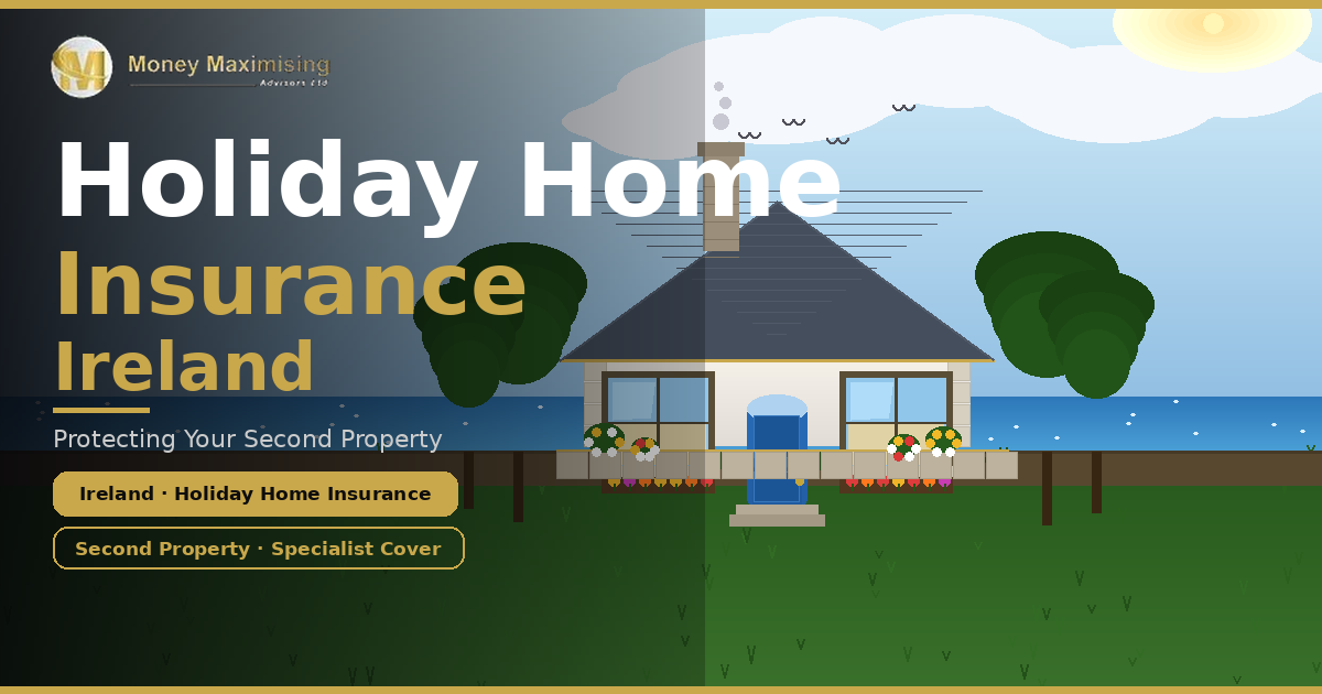A bright white Irish coastal holiday cottage with a blue door, flower window boxes and garden wall on a sunny day, illustrating holiday home insurance Ireland cover for second properties by MM Advisors.