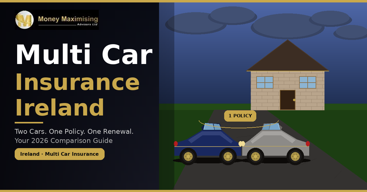 Illustration showing two cars covered under one insurance policy outside a house with the title "Multi Car Insurance Ireland – Two Cars. One Policy. One Renewal. Your 2026 Comparison Guide" and the Money Maximising Advisors logo.