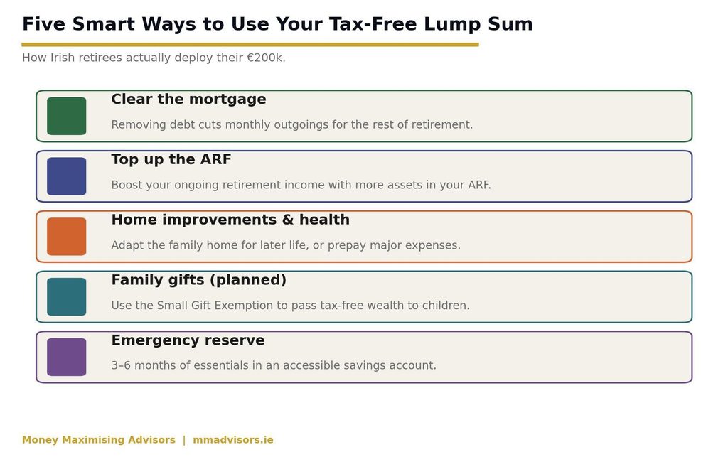 Five uses of Irish tax-free pension lump sum: clear mortgage, top up ARF, home improvements, family gifts, emergency reserve image