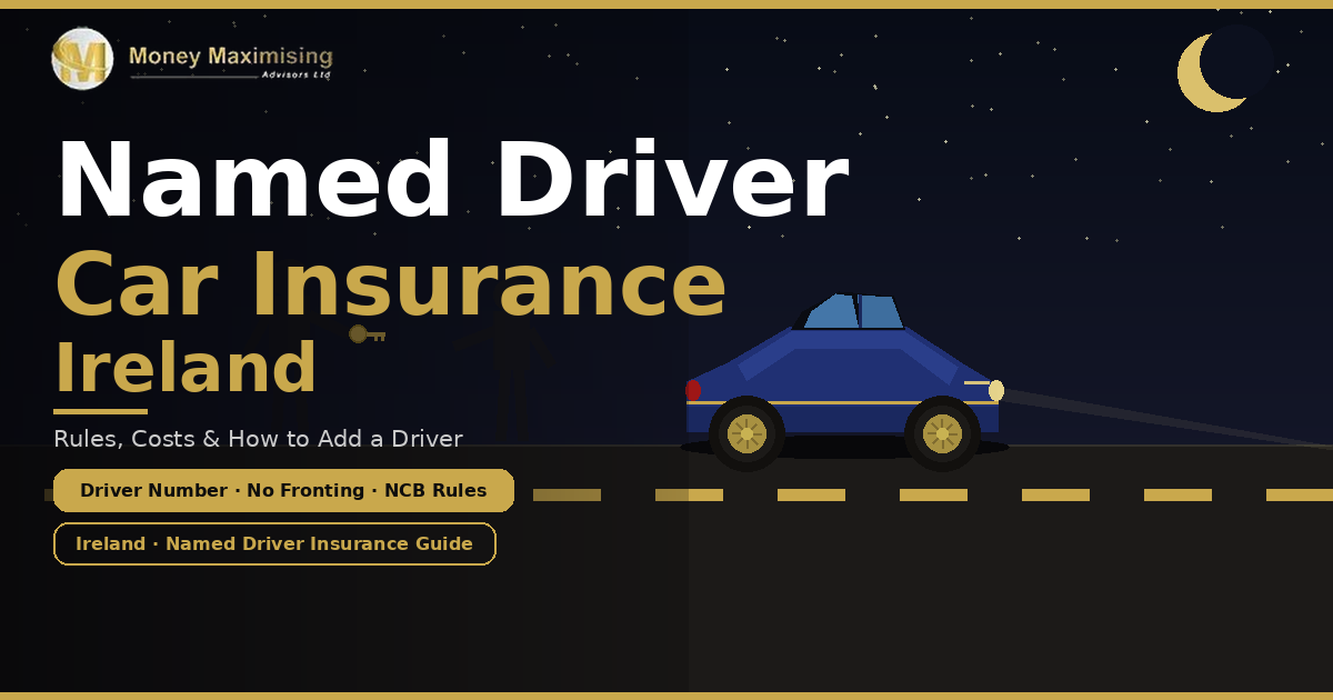 Two silhouettes exchanging a gold key beside a navy car on a dark Irish road at night, illustrating named driver car insurance Ireland rules on driver numbers, fronting and NCB by MM Advisors.