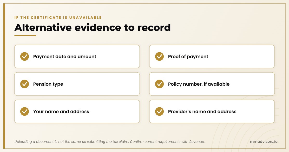 How to Claim Income Tax Relief on a One-Off AVC Payment in Ireland 3 Alternative evidence for an AVC tax relief claim if the certificate is unavailable: payment date and amount, proof of payment, pension type, policy number and names and addresses