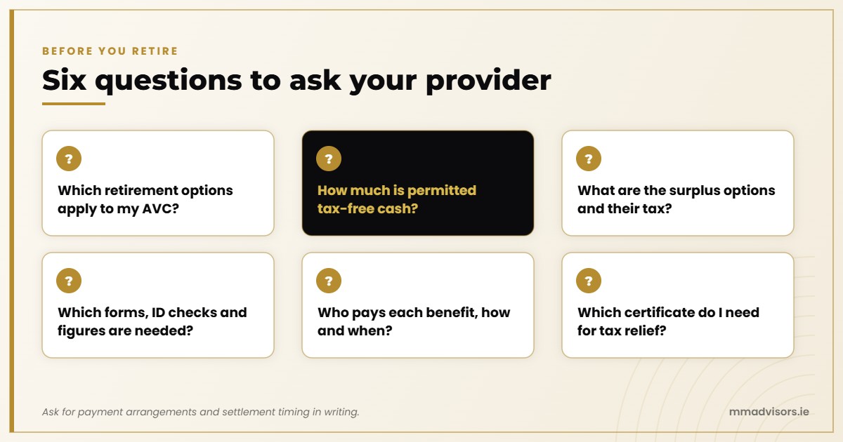 Six questions to ask your AVC provider before retirement, from permitted cash and surplus options to payment timing and tax relief certificates
