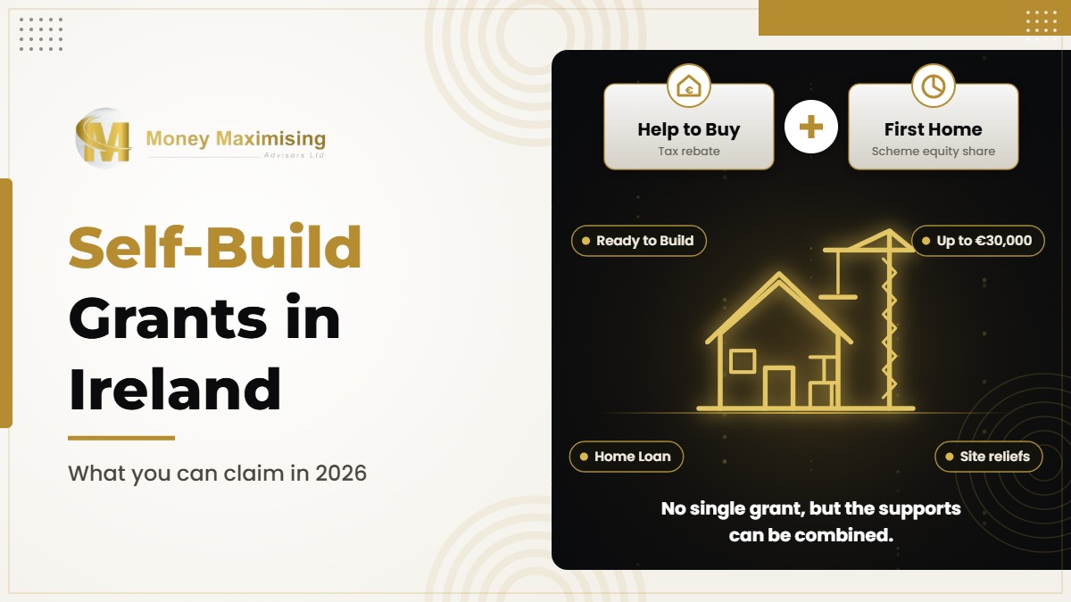 Self-build grants Ireland guide showing a new family home under construction on a rural site