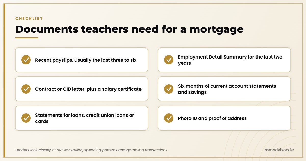 Documents teachers need for a mortgage in Ireland: payslips, Employment Detail Summary, contract or CID letter, bank statements, loan statements and photo ID
